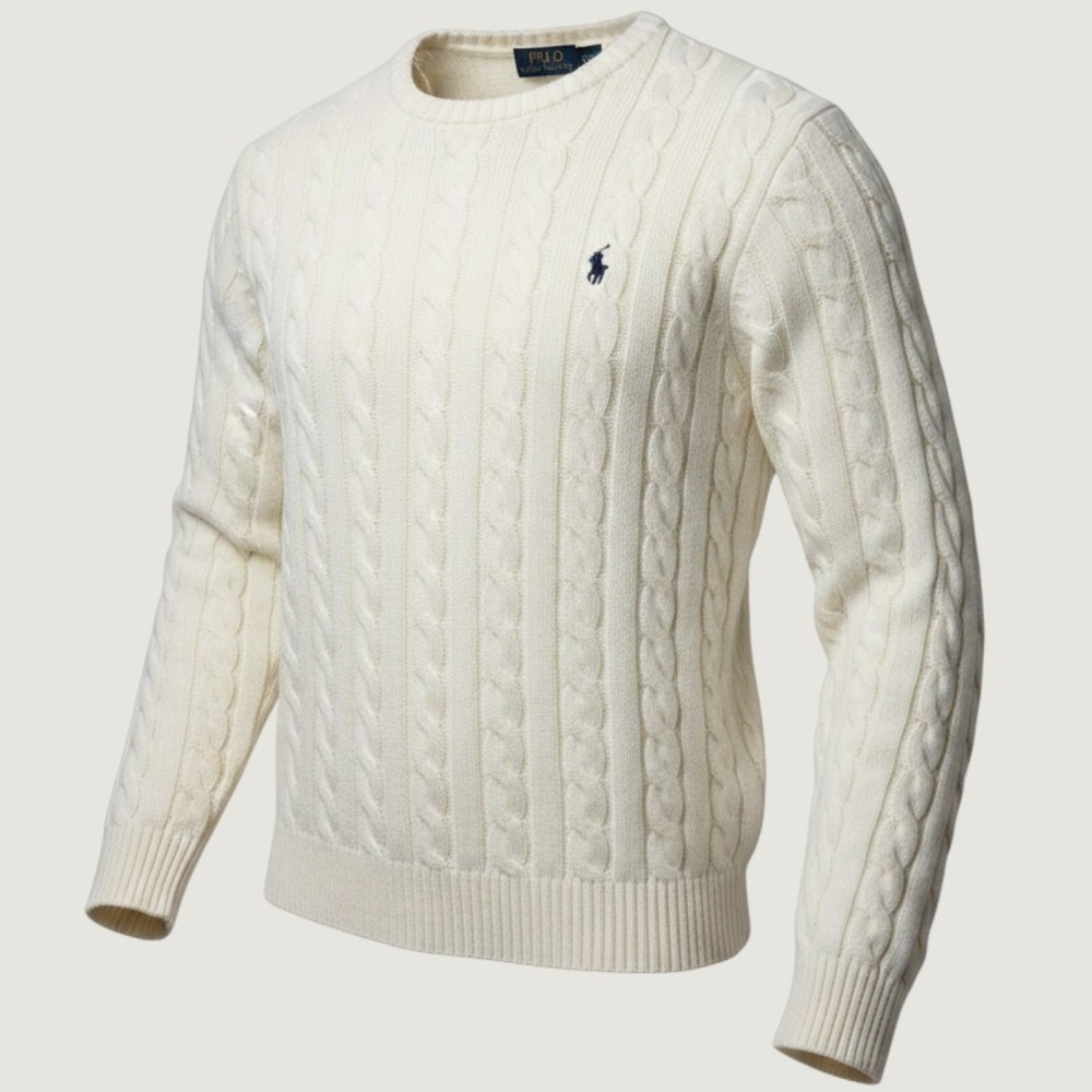 Polo Ralph Lauren Mens Cable Knit Sweater Cream White Navy Pony Large